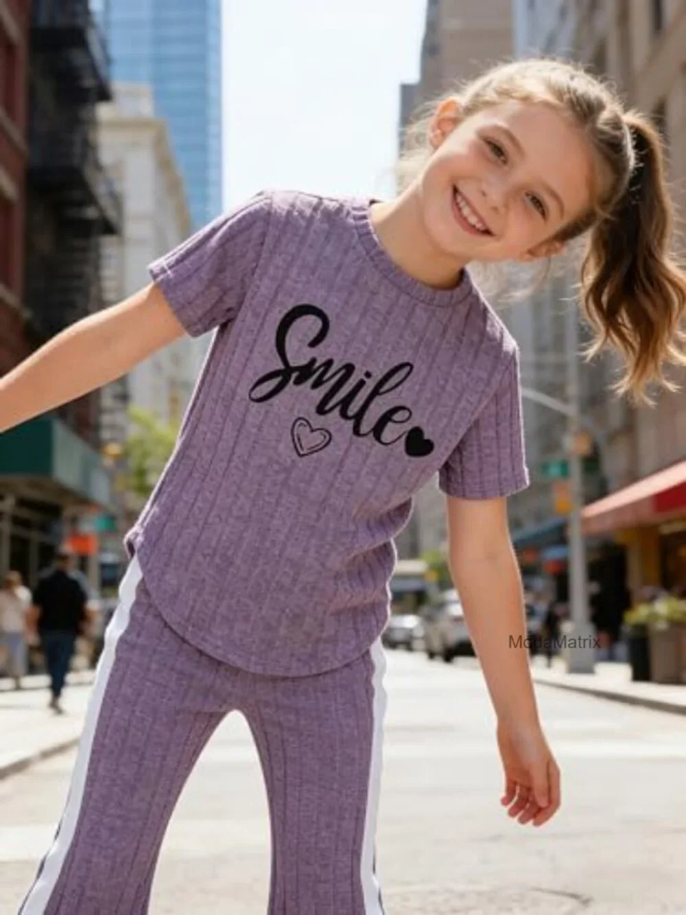 Girls 2-Piece Outfit Smile Graphic Short Sleeve Top & Flared Pants Set 8-13Y